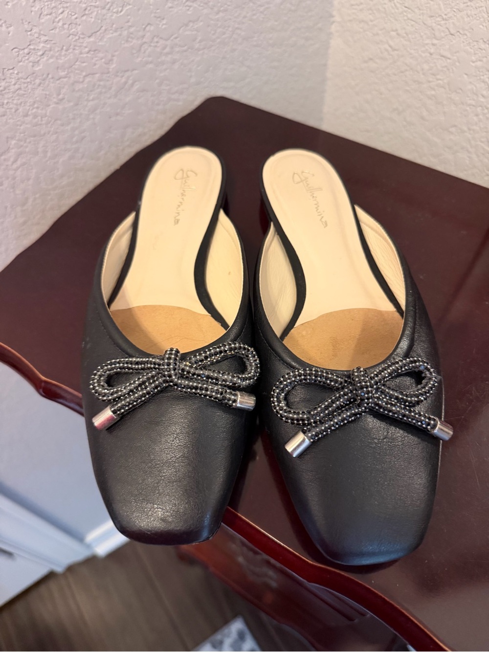 Black Bow-Accent Slip-On Mule Flats